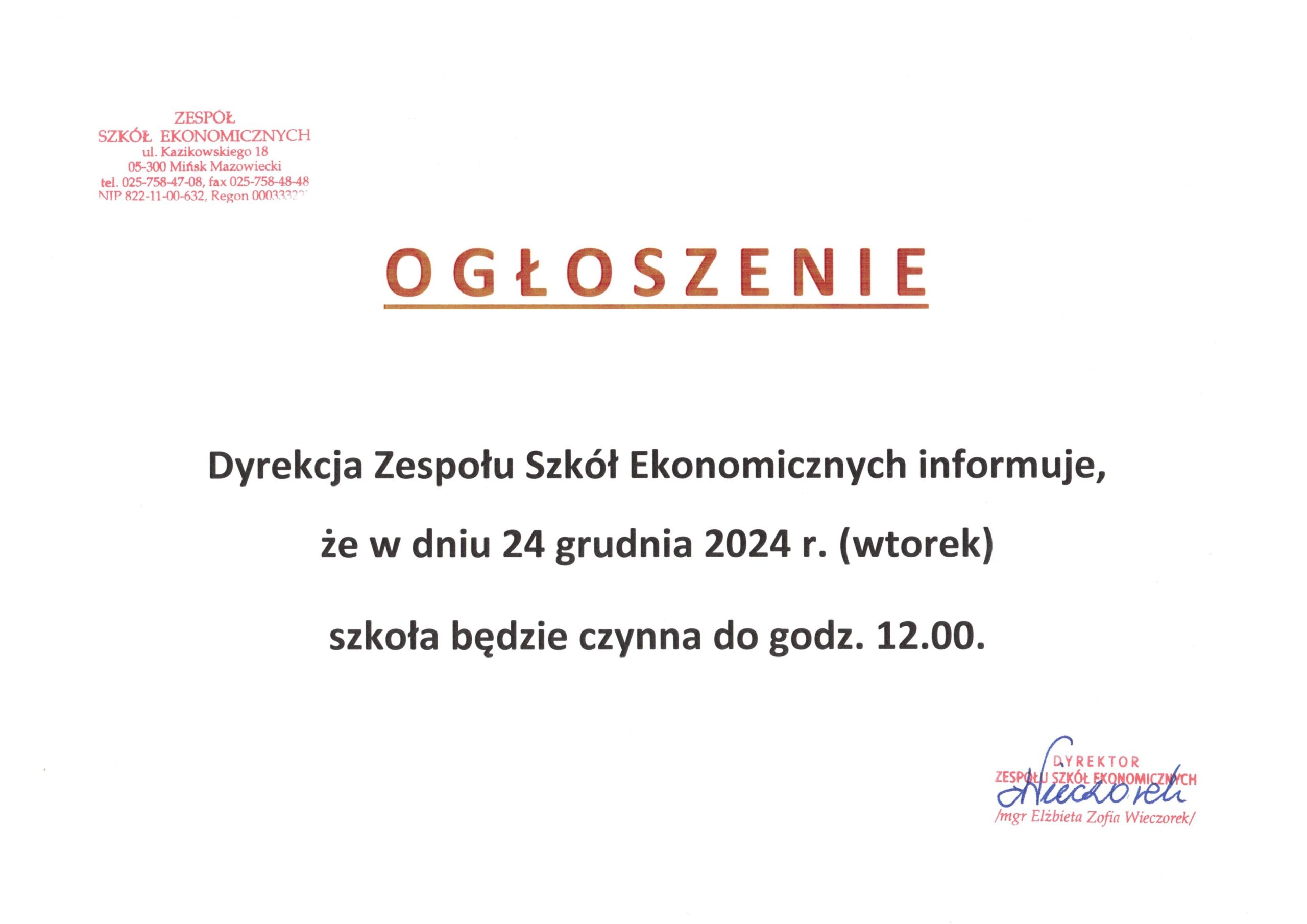 Ogłoszenie dotyczące pracy szkoły 24 grudnia 2024r.