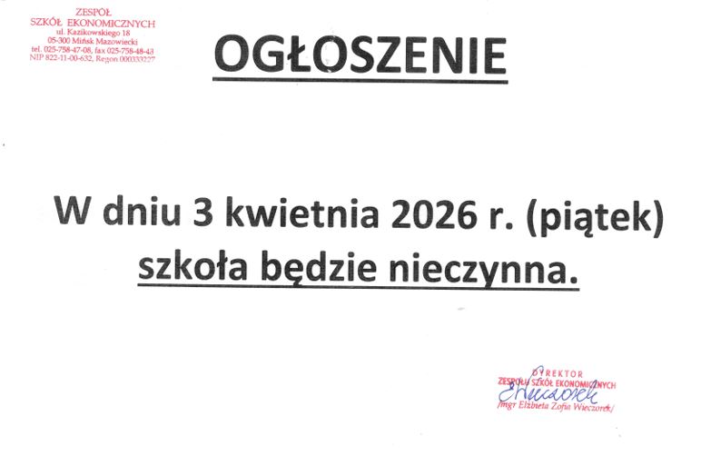 Ogłoszenie dotyczące pracy szkoły w dniu 3 kwietnia 2026 roku