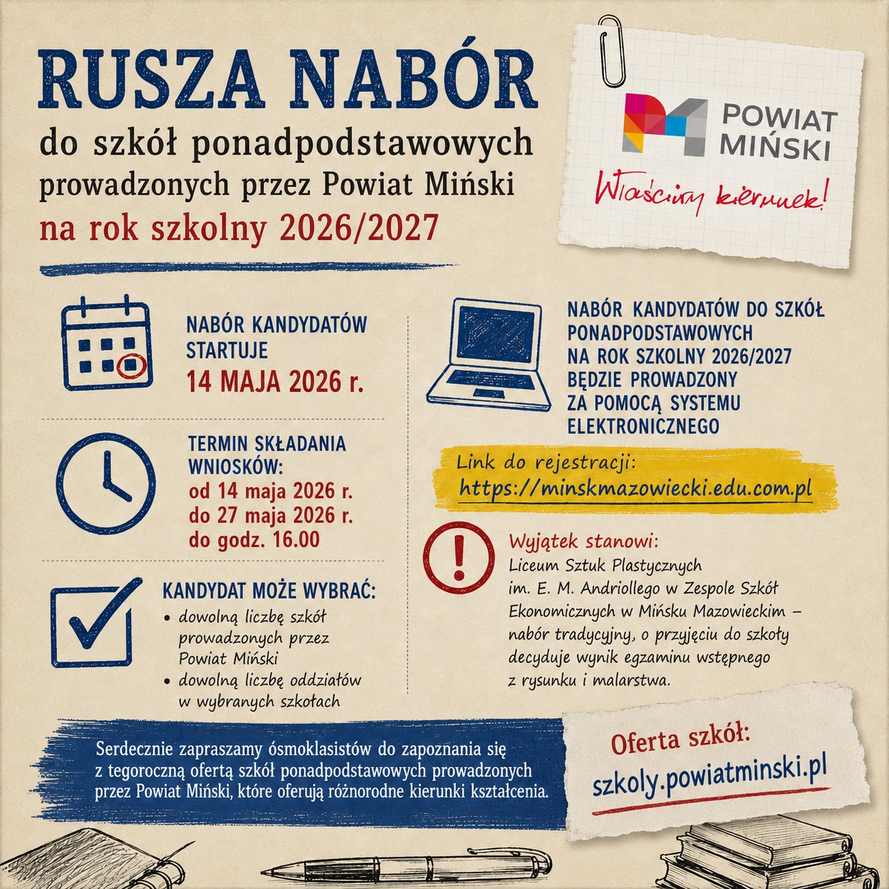 Rusza nabór do szkół ponadpodstawowych prowadzonych przez Powiat Miński na rok szkolny 2026/2027!