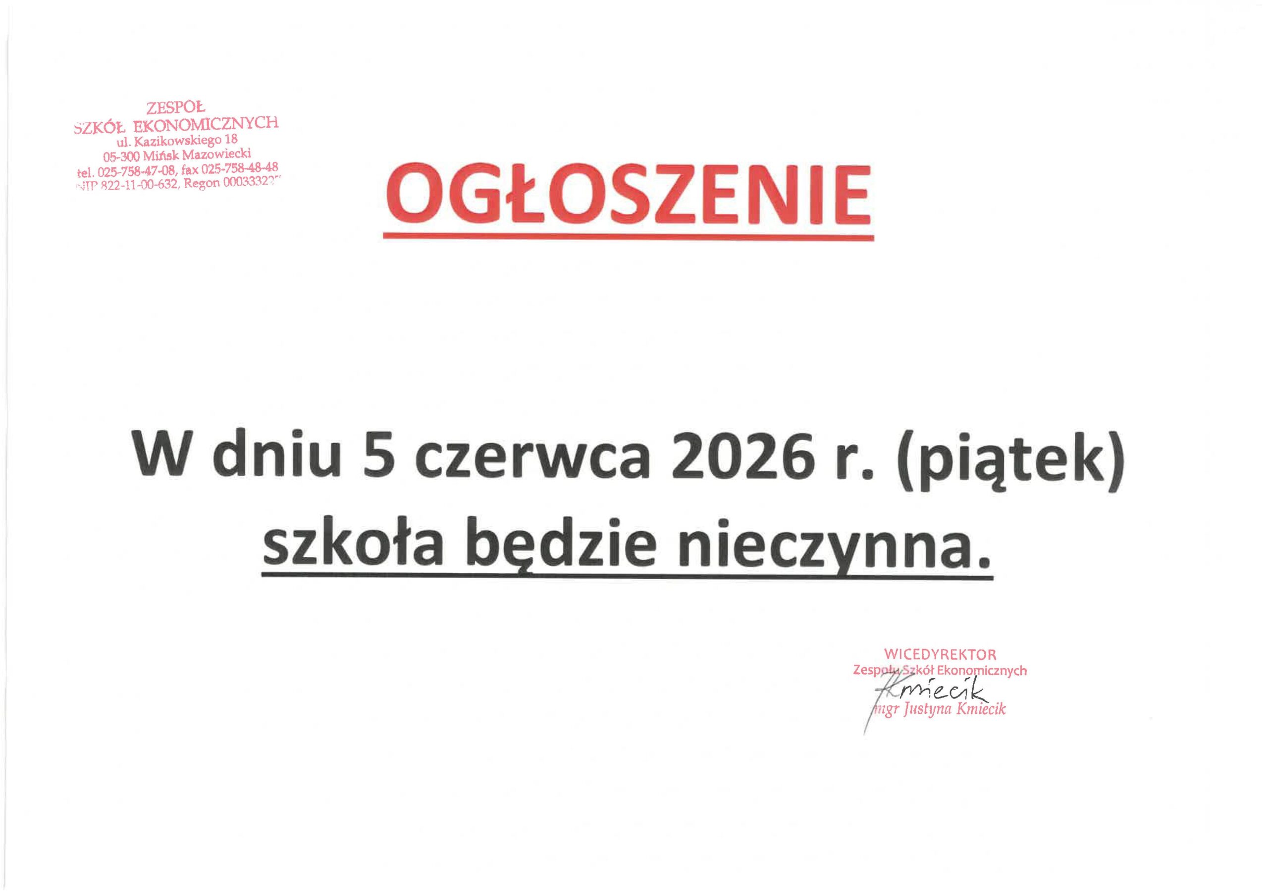 Ogłoszenie i pracy szkoły w dniu 5 czerwca 2026 r.