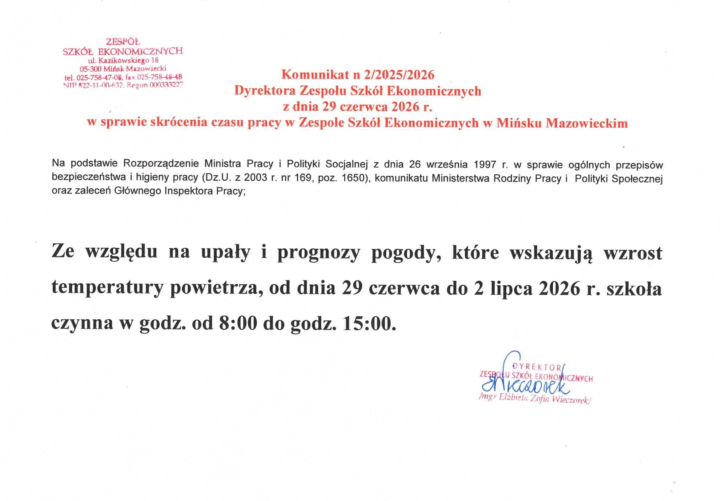 Komunikat w sprawie skrócenia czasu pracy w Zespole Szkół Ekonomicznych