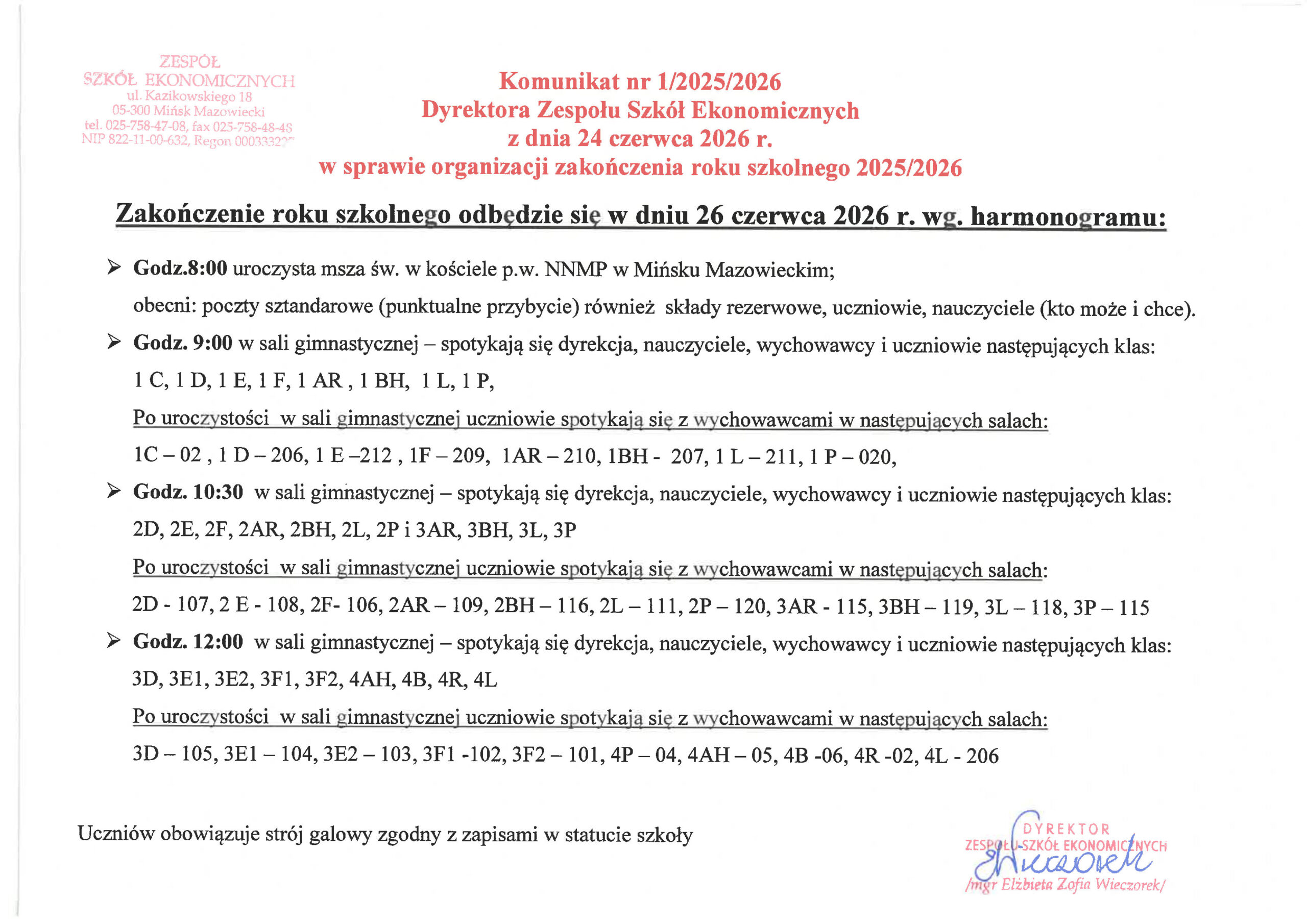 Uroczyste Zakończenie Roku Szkolnego 2025/2026 – harmonogram